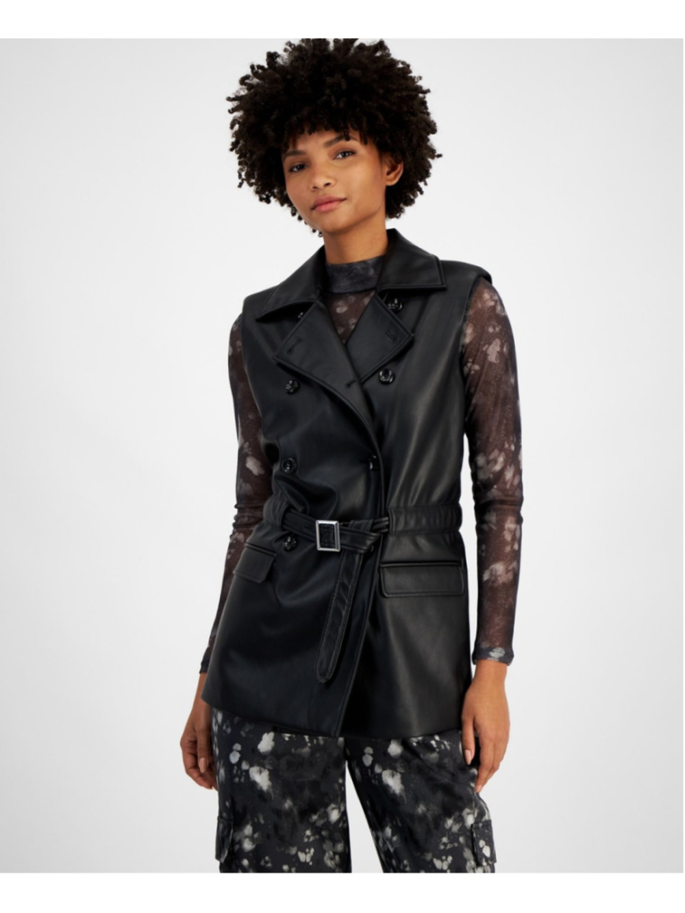 Bar III Extra Small Petite Black Faux-Leather Notched Collar Belted Vest NWT